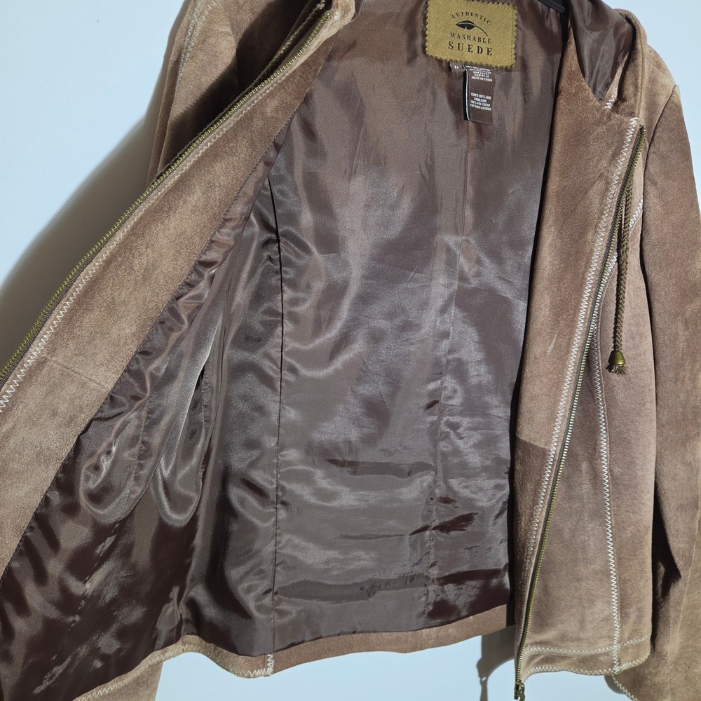 Authentic Washable Suede Jacket Womens M Brown Good Hooded Zip Leather Stitching - Picture 8 of 11